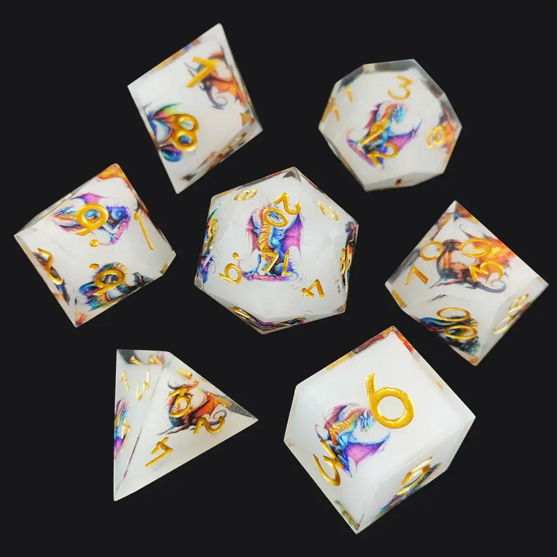 Sharp Edge Resin Dice Set – Dragon Engraved Polyhedral Dice for DnD (D4 D6 D8 D10 D12 D20)