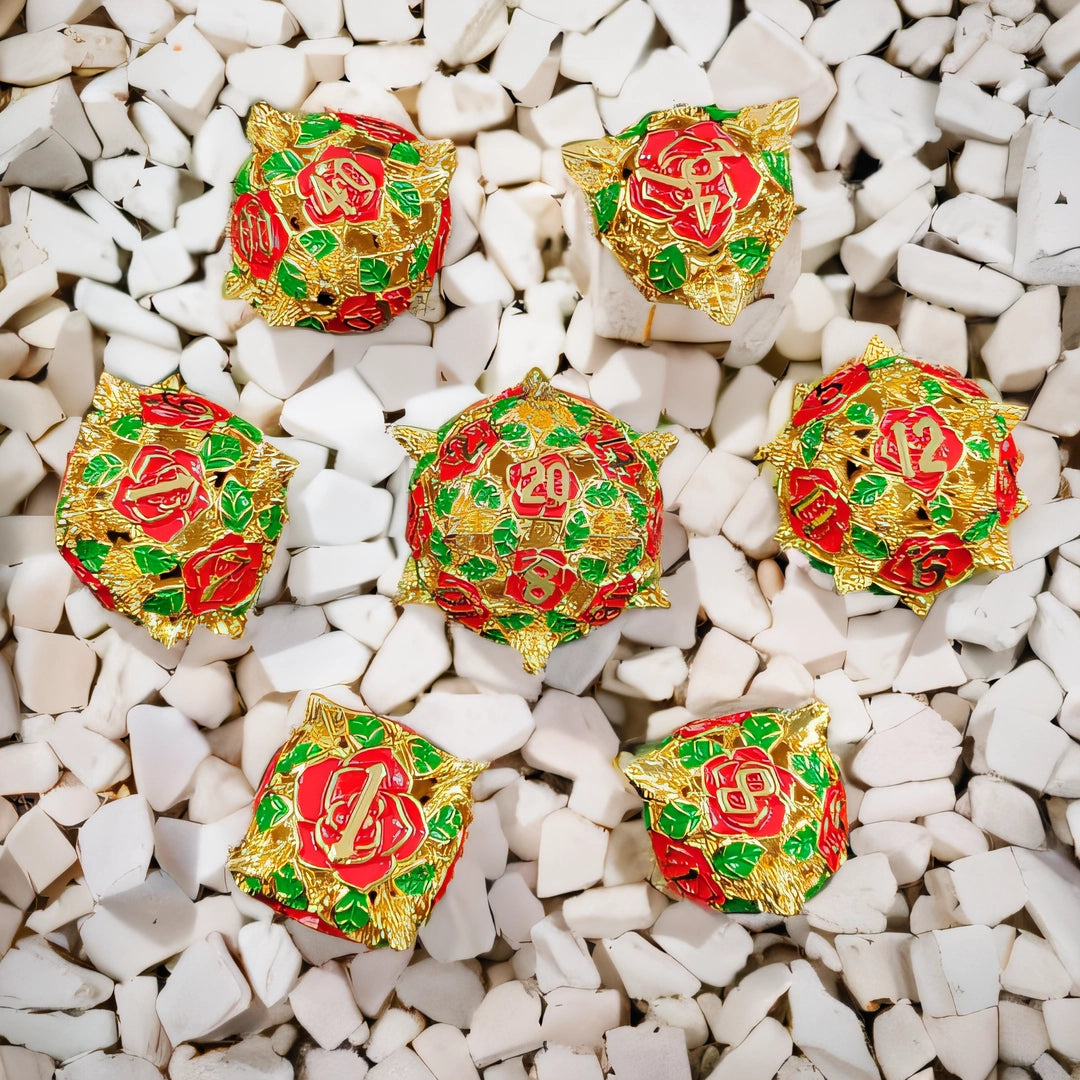 Tocco di Midas Verdeggiante Dadi Drago Bordo Arrotondato Set di Dadi DND Metallo Cavo Dadi Bordi Lisci Dadi Elfici - Oro Rosso Verde