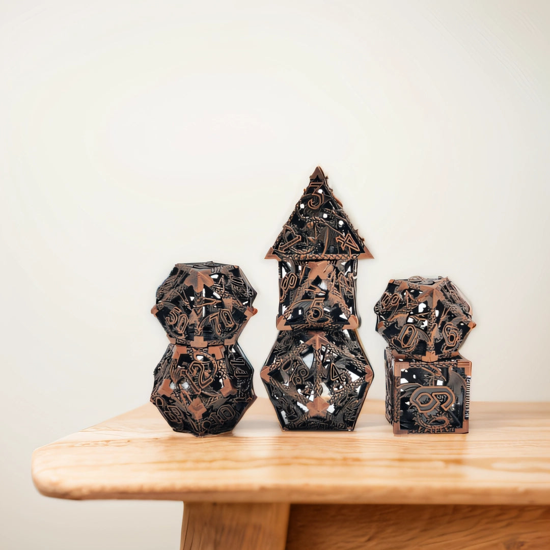 Set de Dados de Metal Hueco Dragón Bronce para DND - Edición Especial