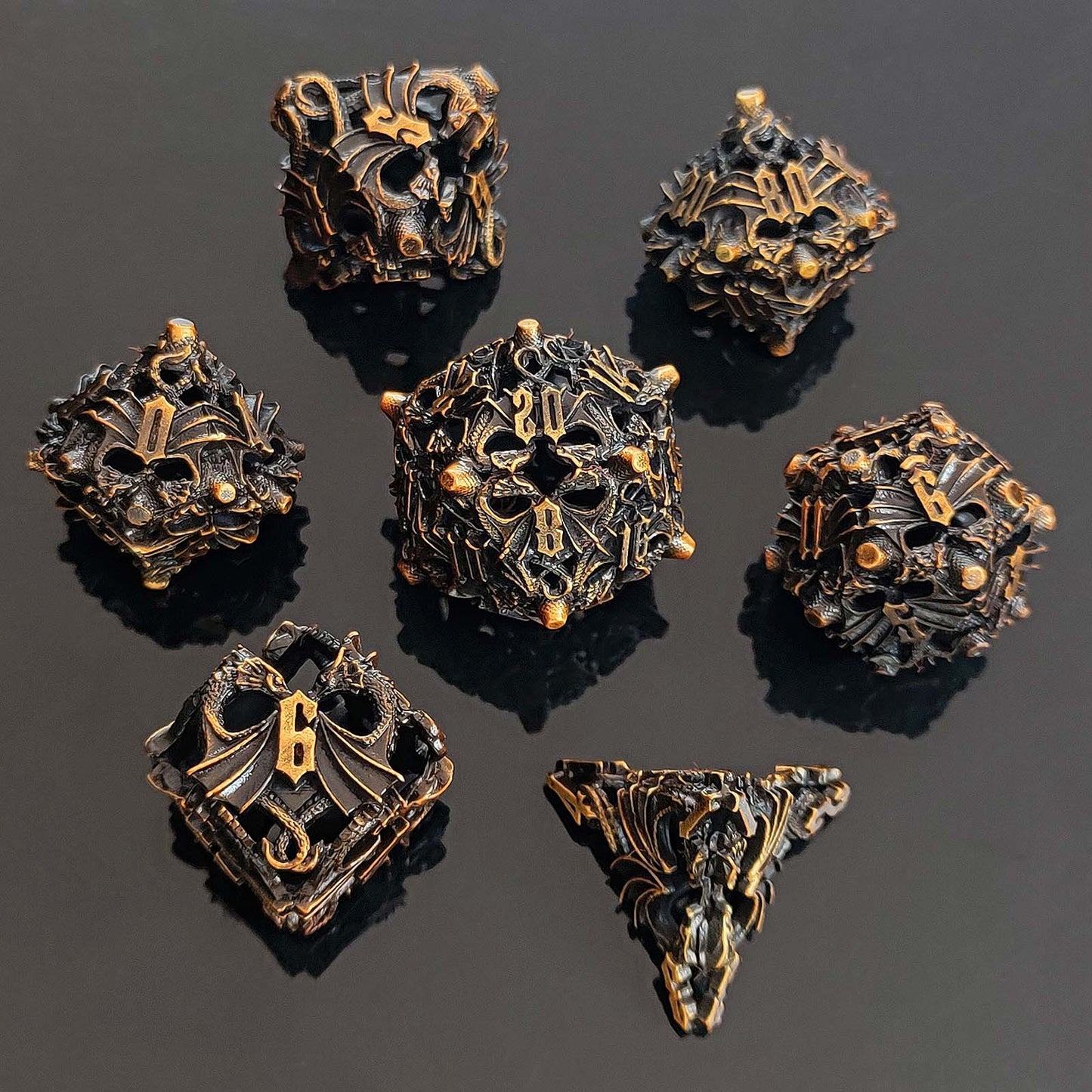 Dragon's Requiem Metal Hollow DND Dice Set Unusual Dice Set - Dragon Dice Skull Dice