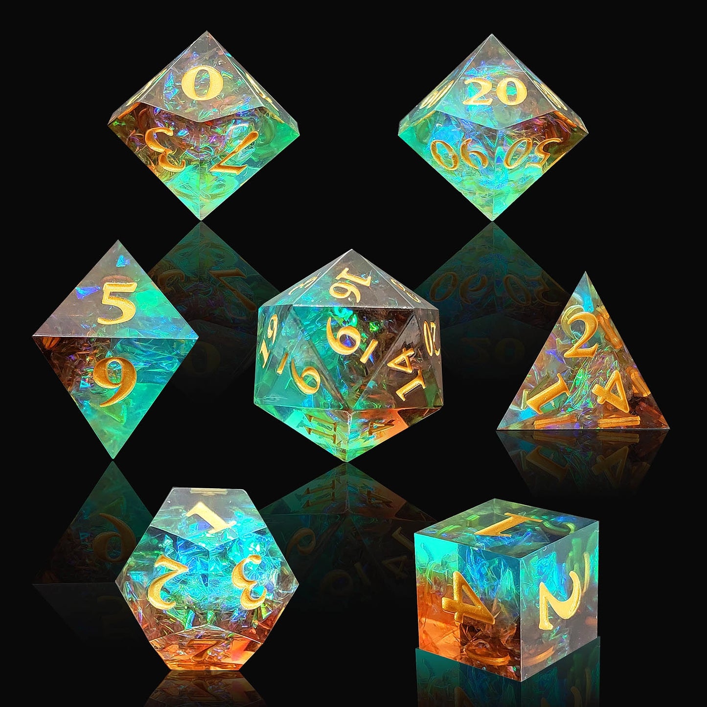 Verdant Depths Sharp Edged Resin Dice Set - Bronze Transparent