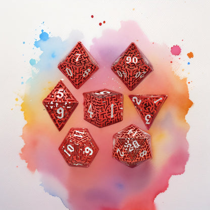 Scarlet Labyrinthine Maze Hollow Metal DND Dice Set - Red