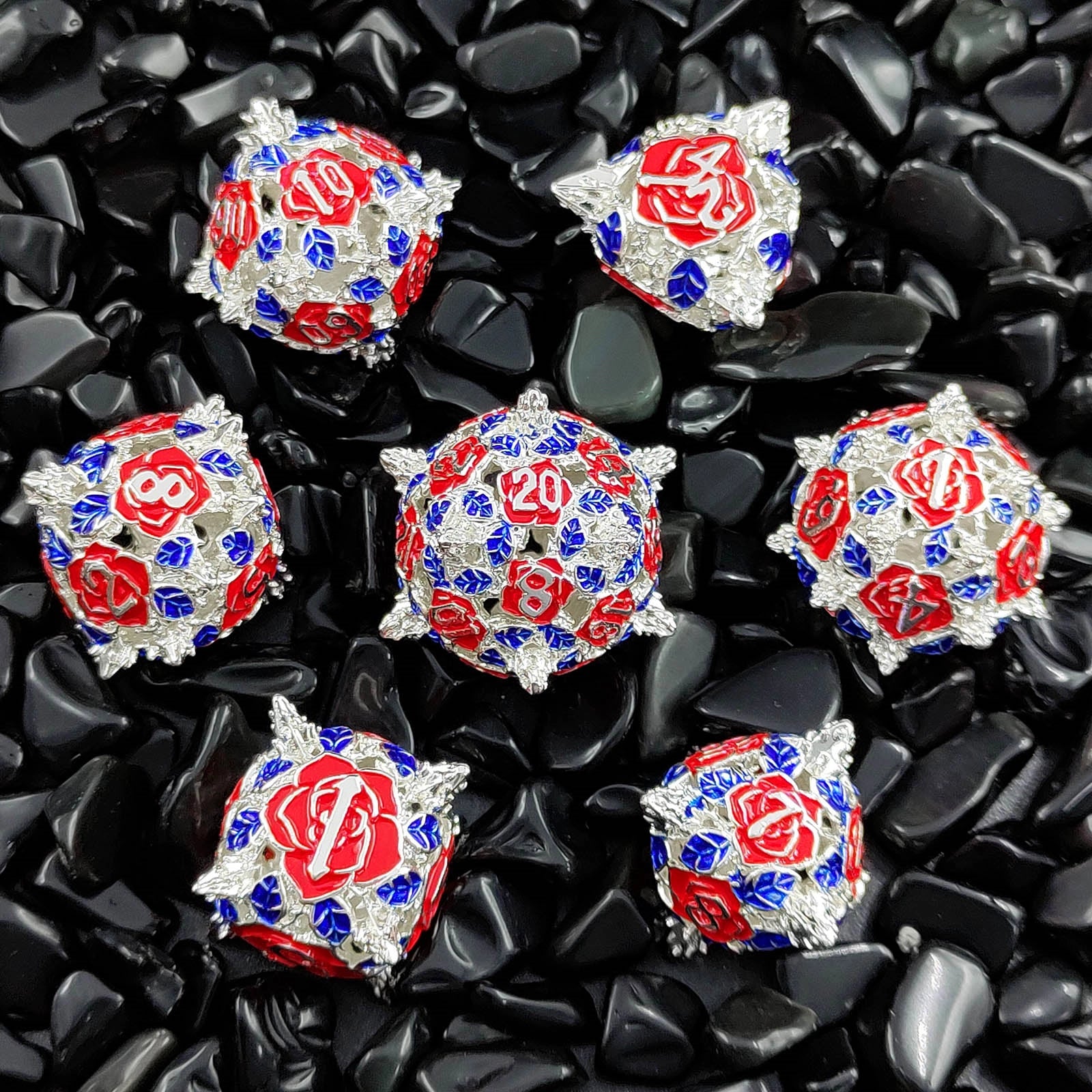 Enchanted Canopy Rounded Edge Dragon Dice Hollow Metal DND Dice Set Smooth Edged Dice Elven Dice - Silver Red Blue