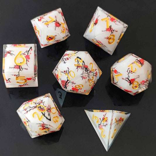 Blossom Resonance Resin White Dice Set - Plum Blossom DnD Dice Set