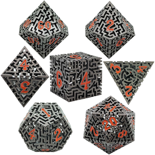 Labyrinthine Metal Maze Hollow DND Dice Set - Grey Red