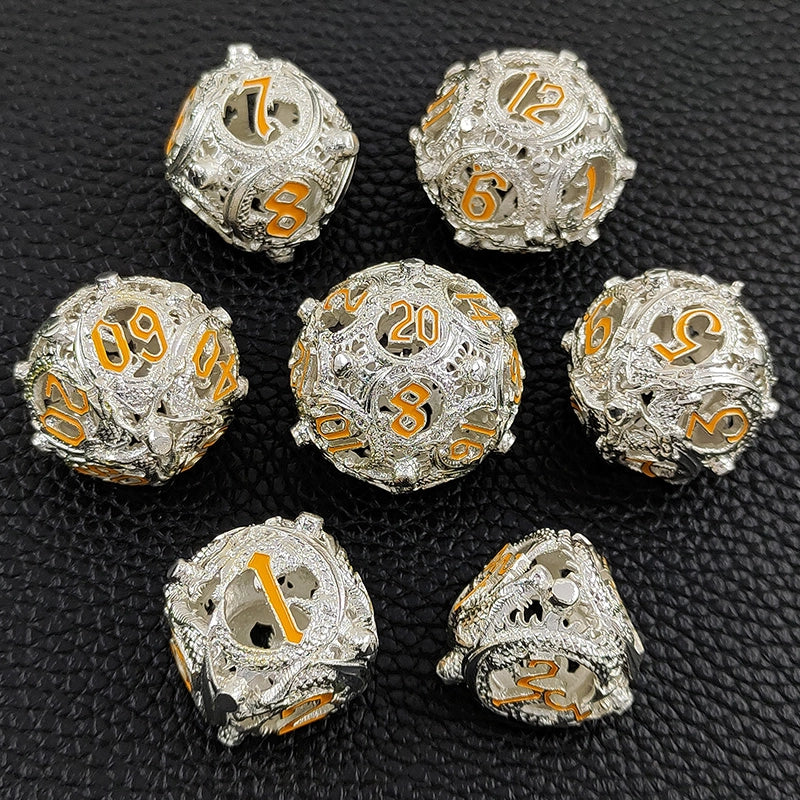 Elven Wyrmsteel Rounded Edge Dragon Dice Hollow Metal DND Dice Set Smooth Edged Dice Elven Dice - Silver