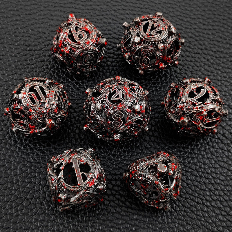 Obsidian Wyrm's Blood Rounded Edge Dragon Dice Hollow Metal DND Dice Set Smooth Edged Dice Elven Dice - Black