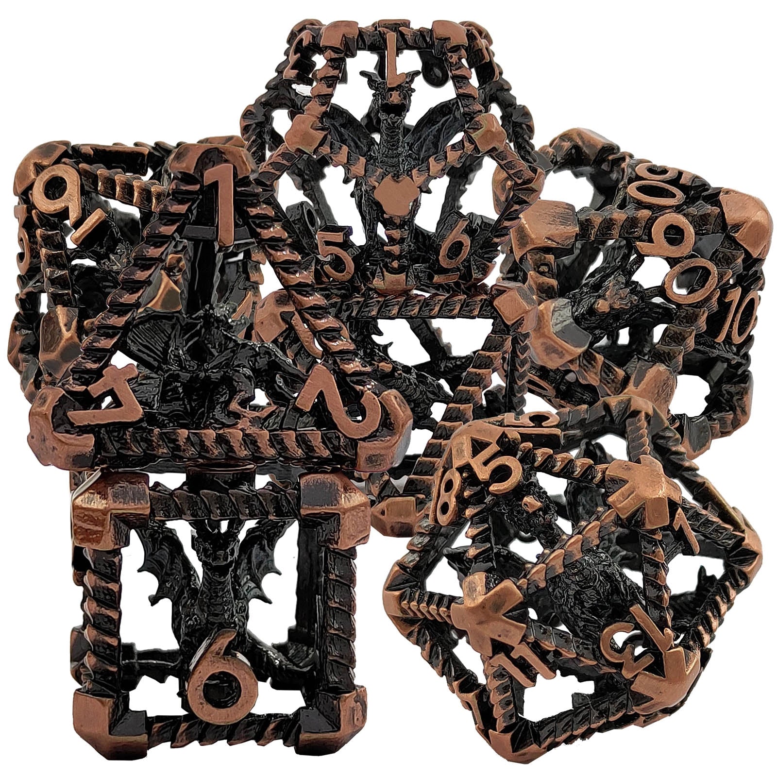 Twilight Vanguard Caged Wyrm Precision Hollow Metal DND Dice Set - Bronze