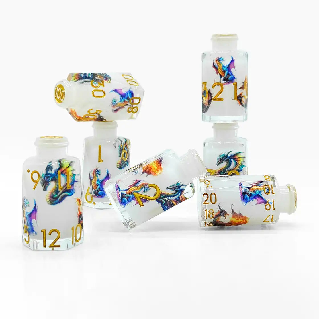 Dragonbrew Potion Bottle Dice Set – Sharp Edge Resin DnD Dice with Dragon Artwork (D4 D6 D8 D10 D12 D20)