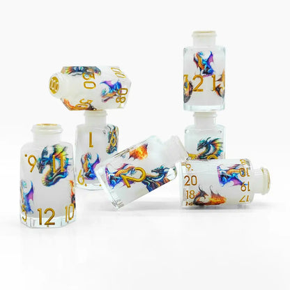 Dragonbrew Potion Bottle Dice Set – Sharp Edge Resin DnD Dice with Dragon Artwork (D4 D6 D8 D10 D12 D20)