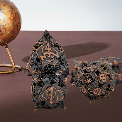 Twilight Bloom Rounded Edge Dragon Dice Hollow Metal DND Dice Set Smooth Edged Dice Elven Dice - Black Bronze