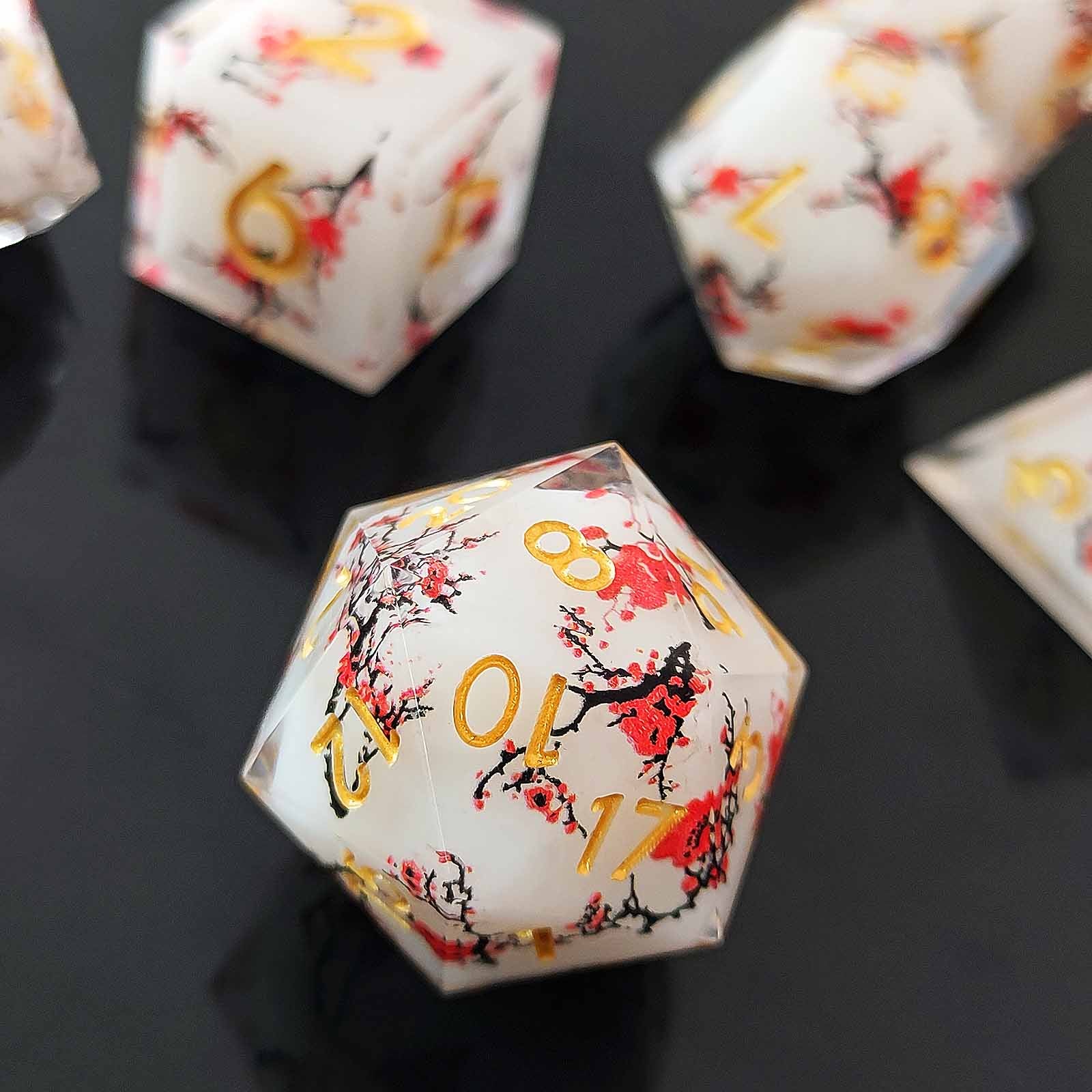 Blossom Resonance Resin White Dice Set - Plum Blossom DnD Dice Set