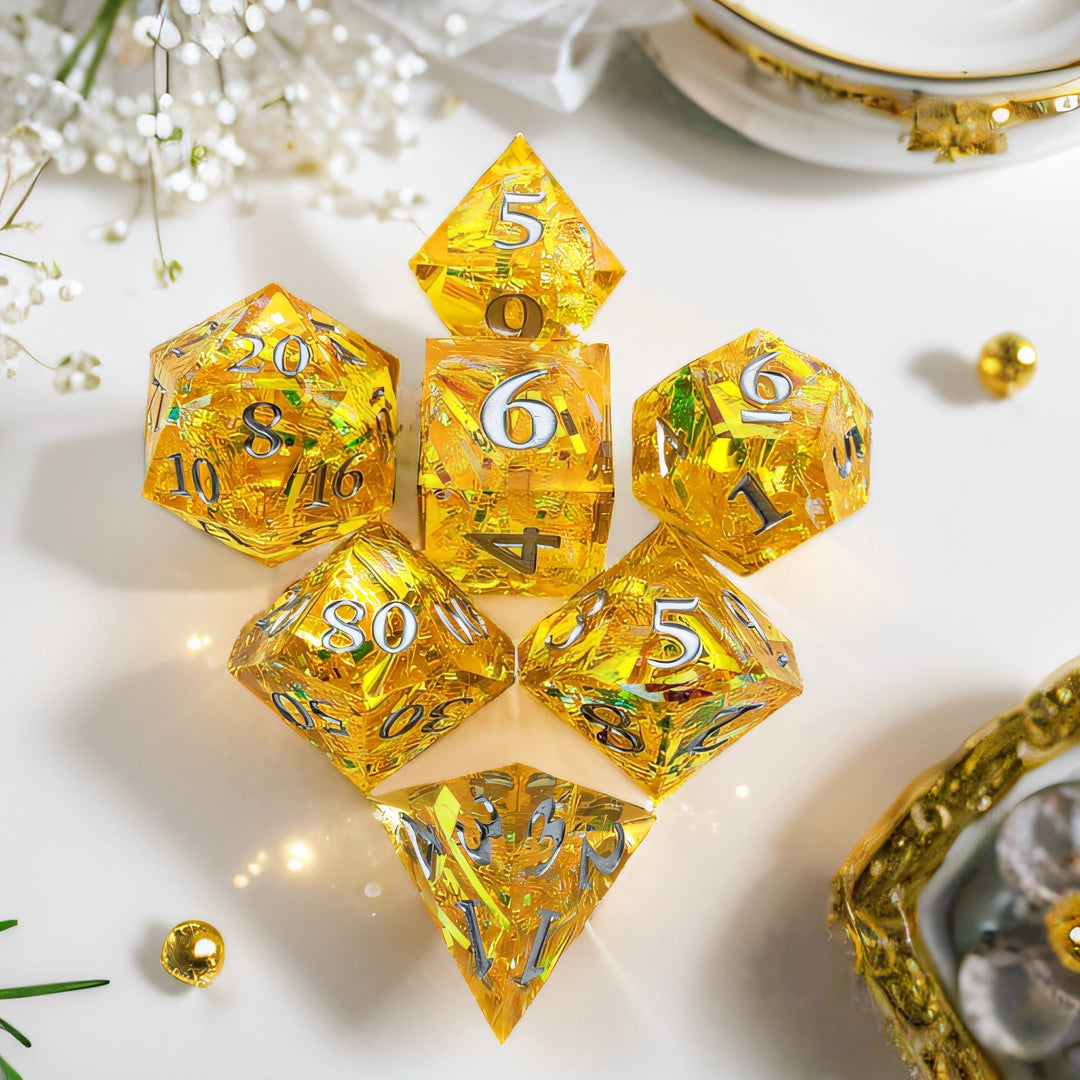 Aurora Ribbon Amber Clarity Sharp Edged Resin Dice Set - Amber Transparent