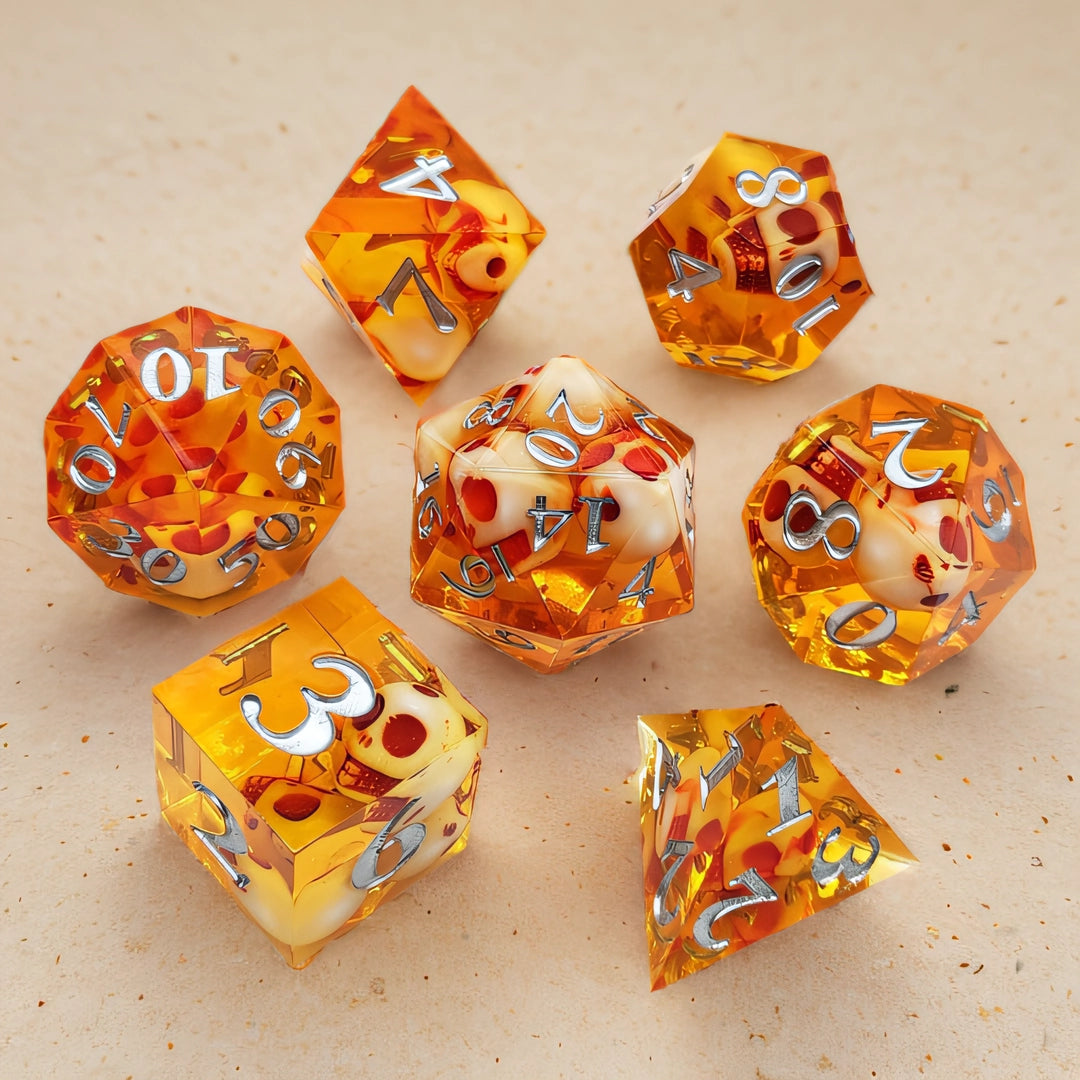 Cursed Skull Amber Clarity Sharp Edged Resin Dice Set - Amber Transparent