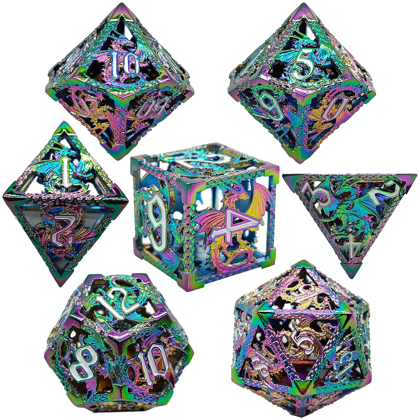 Dragonfire Alloy Hollow Metal DND Dice Set - Green Purple