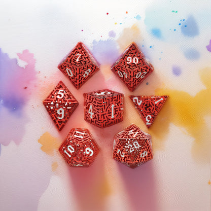 Scarlet Labyrinthine Maze Hollow Metal DND Dice Set - Red