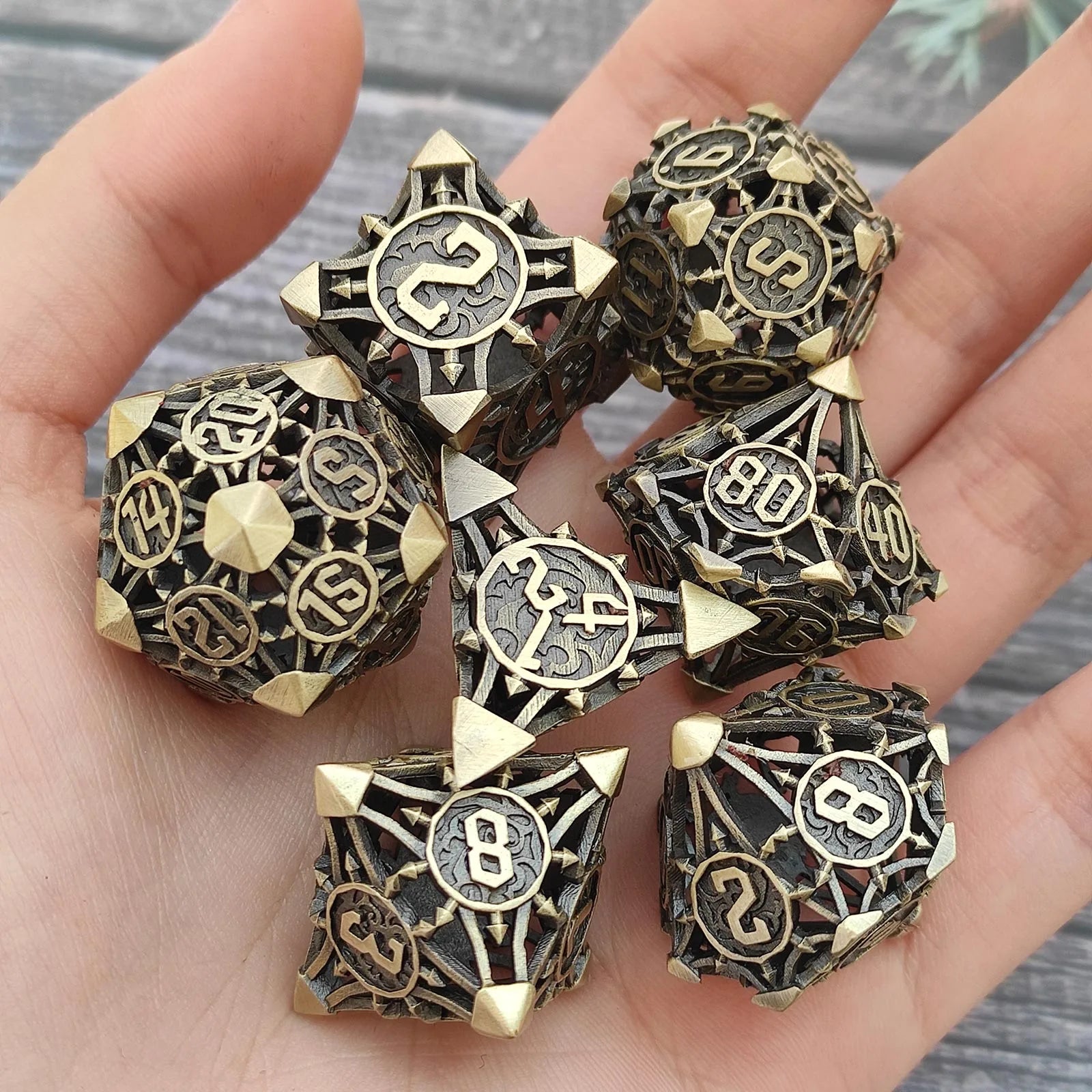 Brass Talon Arrow Hollow Metal DND Dice Set - Bronze Copper