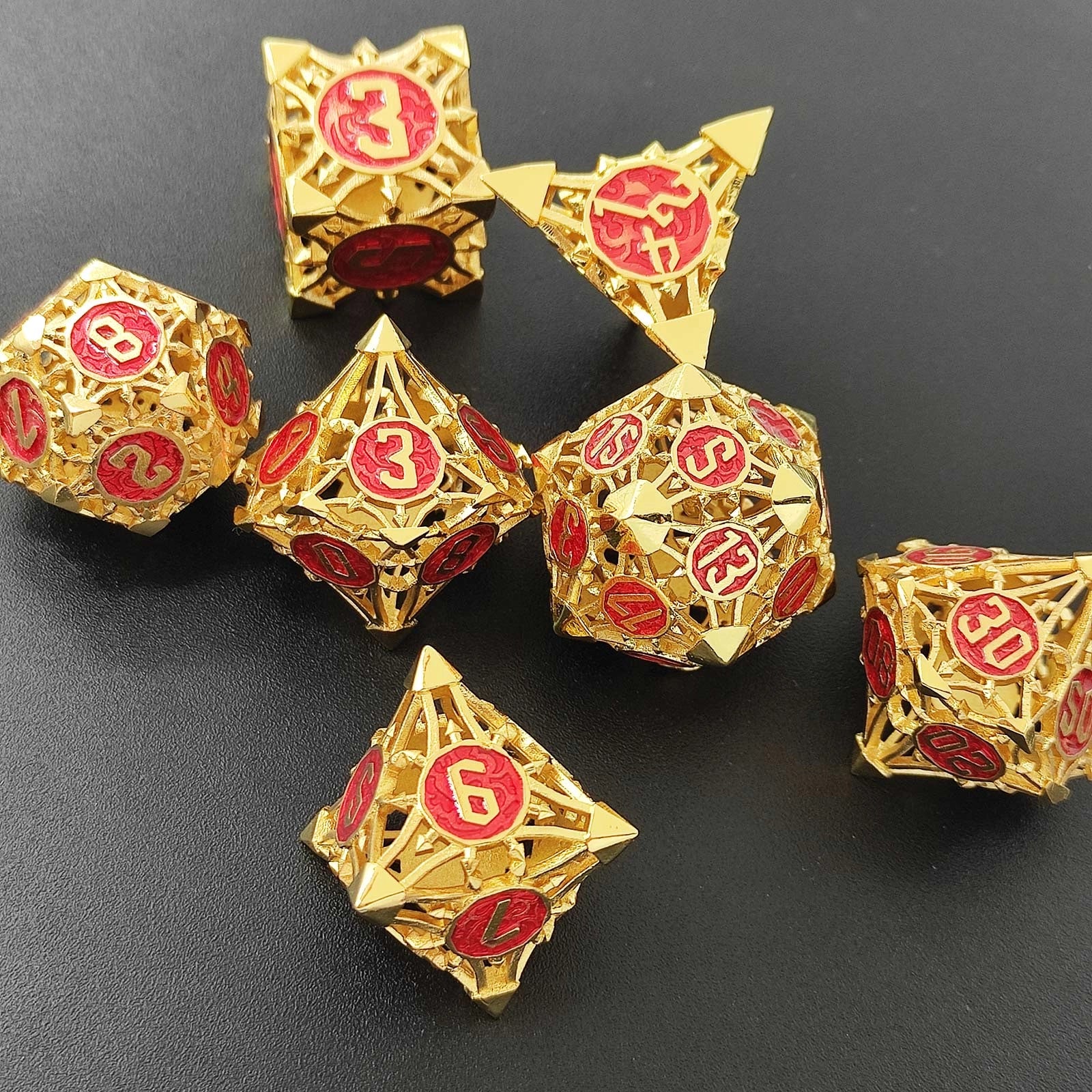 Dragon's Ember Hollow Metal DND Dice Set - Golden Red