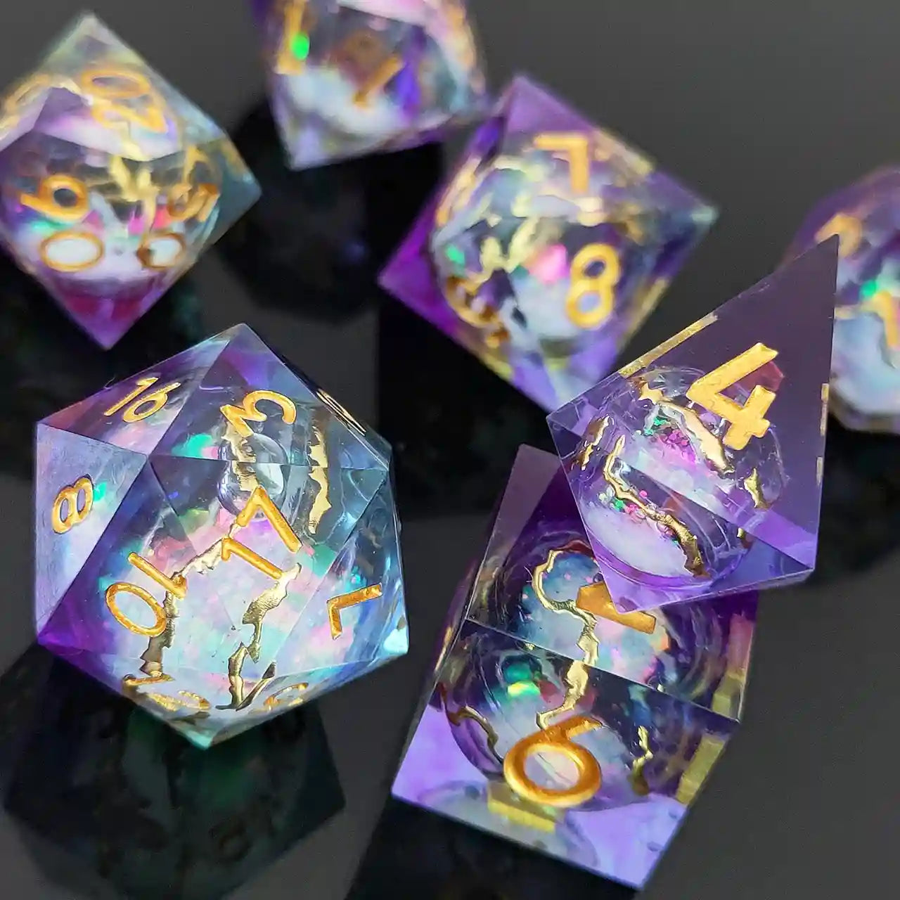 Twilight Gilded Flow: Purple-Blue Liquid Sand Resin Dice Set Sand Flow Resin Dice Set