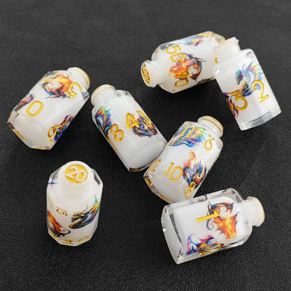 Dragonbrew Potion Bottle Dice Set – Sharp Edge Resin DnD Dice with Dragon Artwork (D4 D6 D8 D10 D12 D20)