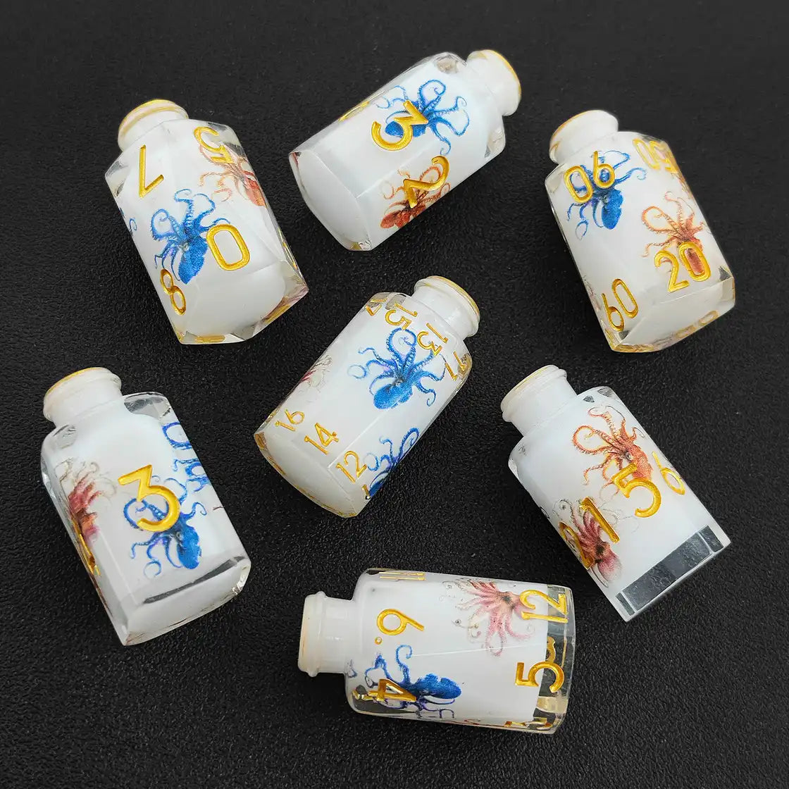 Dragonbrew Potion Bottle Dice Set – Sharp Edge Resin DnD Dice with Dragon Artwork (D4 D6 D8 D10 D12 D20)