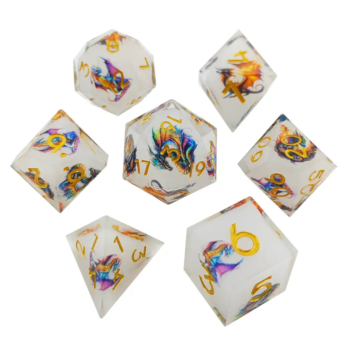 Sharp Edge Resin Dice Set – Dragon Engraved Polyhedral Dice for DnD (D4 D6 D8 D10 D12 D20)