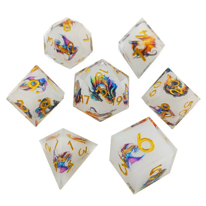 Sharp Edge Resin Dice Set – Dragon Engraved Polyhedral Dice for DnD (D4 D6 D8 D10 D12 D20)