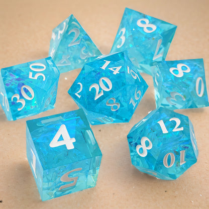 Azure Reflections Sharp-Edged Transparent Blue Resin Dice Set