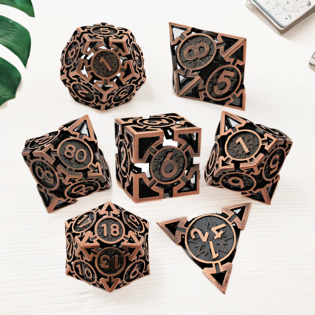 Copper Ember Wyrm Arrow Hollow Metal DND Dice Set - Bronze Black