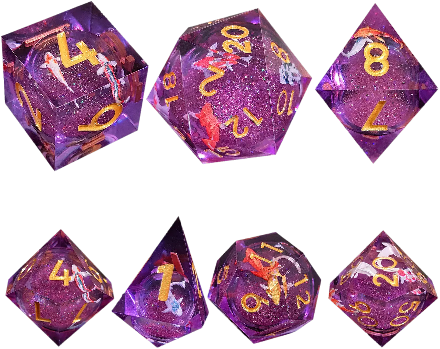 Enchanted Koi Amethyst Sand Sharp-Edged Resin Dice Liquid Core Dice-Fish Core Dice