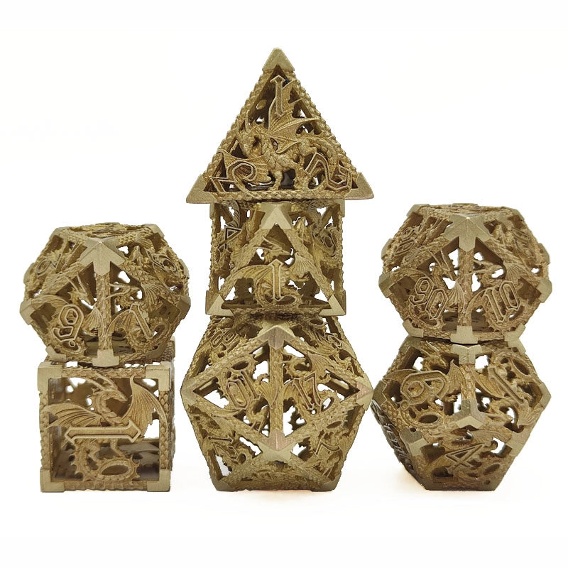 Golden Dragon Hoard Hollow Metal Dice Set - Gold