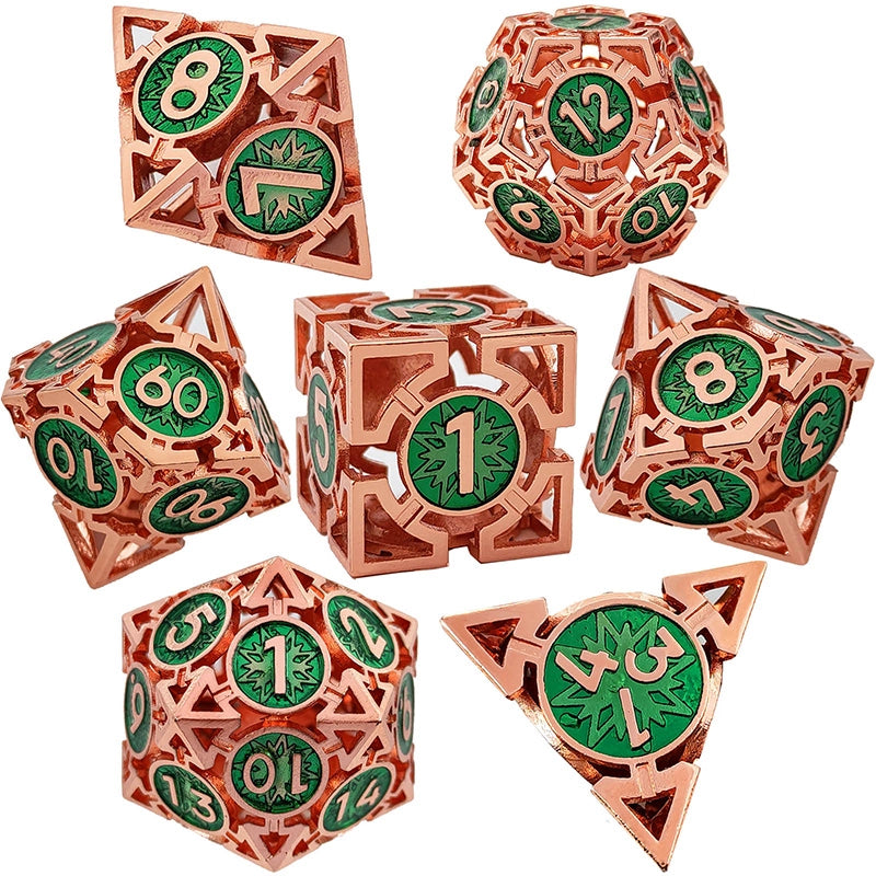 Dragon's Ember Arrow Hollow Metal DND Dice Set - Copper Red Green