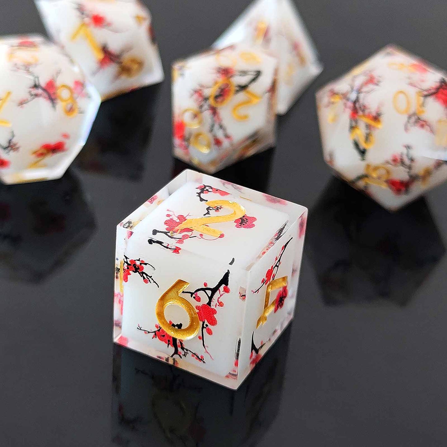 Blossom Resonance Resin White Dice Set - Plum Blossom DnD Dice Set