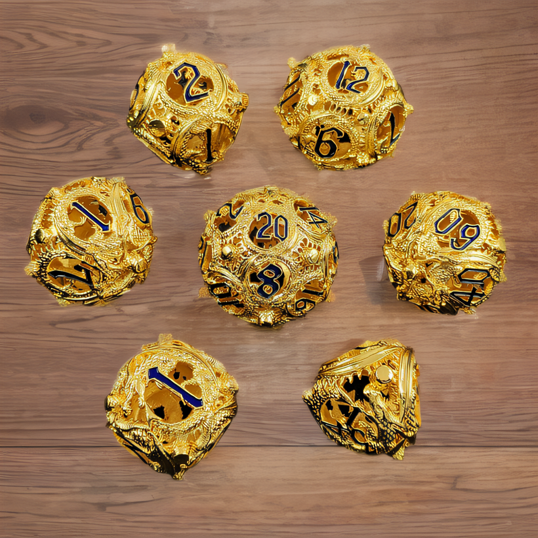 Chronicles of the Arcane Wyrm Rounded Edge Dragon Dice Hollow Metal DND Dice Set Smooth Edged Dice Elven Dice - Golden