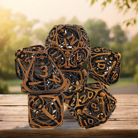 The Spectral Necromancer's Geomancy Rounded Edge Dragon Dice Hollow Metal DND Dice Set Smooth Edged Dice Elven Dice - Bronze