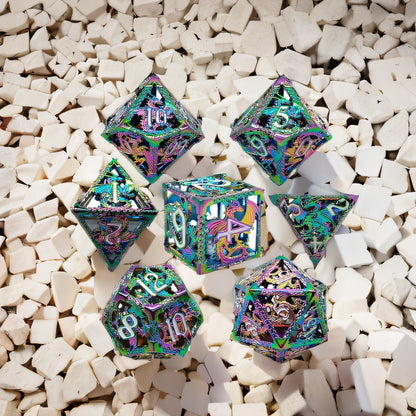 Dragonfire Alloy Hollow Metal DND Dice Set - Green Purple