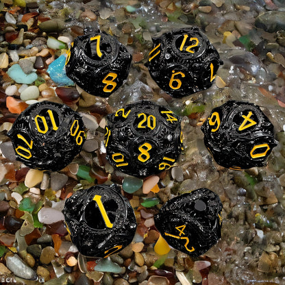 The Draconic Orbis Rounded Edge Dragon Dice Hollow Metal DND Dice Set Smooth Edged Dice Elven Dice - Black