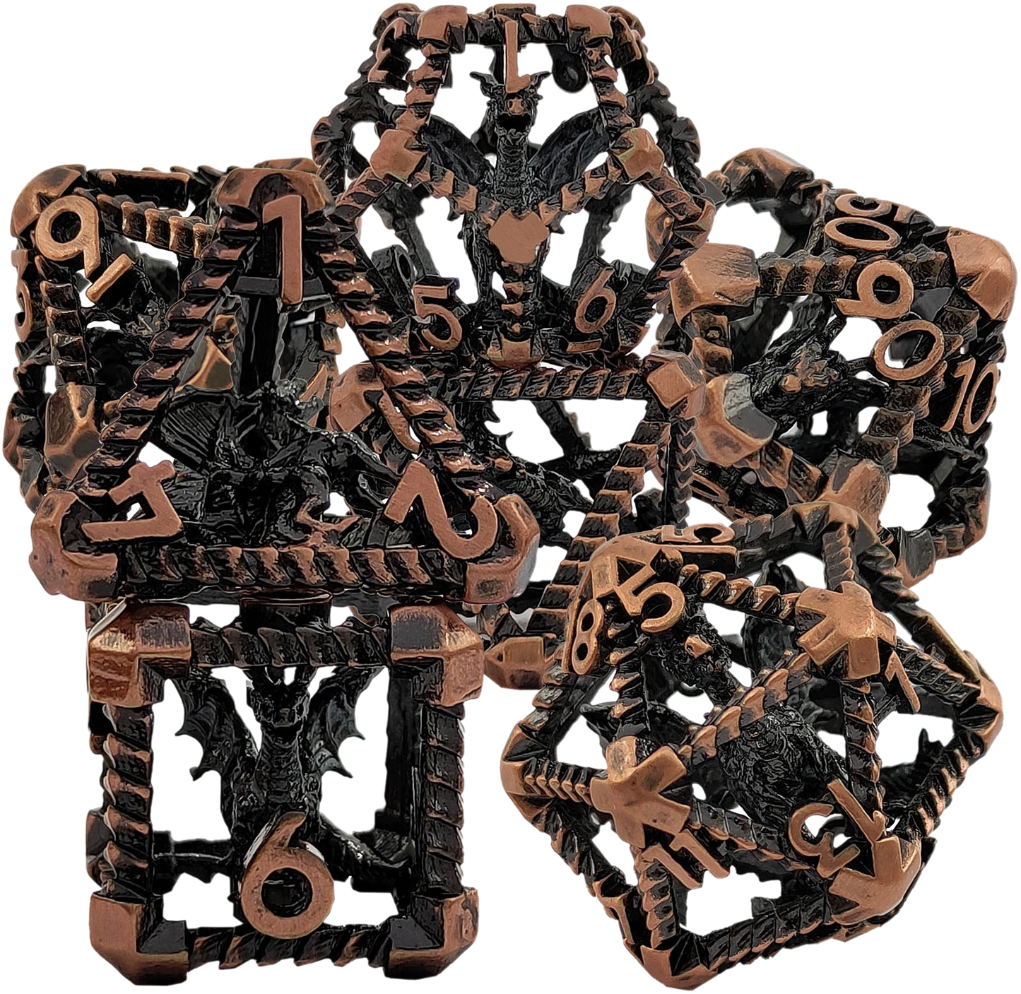 Twilight Vanguard Caged Wyrm Precision Hollow Metal DND Dice Set - Bronze