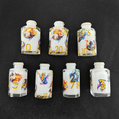 Dragonbrew Potion Bottle Dice Set – Sharp Edge Resin DnD Dice with Dragon Artwork (D4 D6 D8 D10 D12 D20)