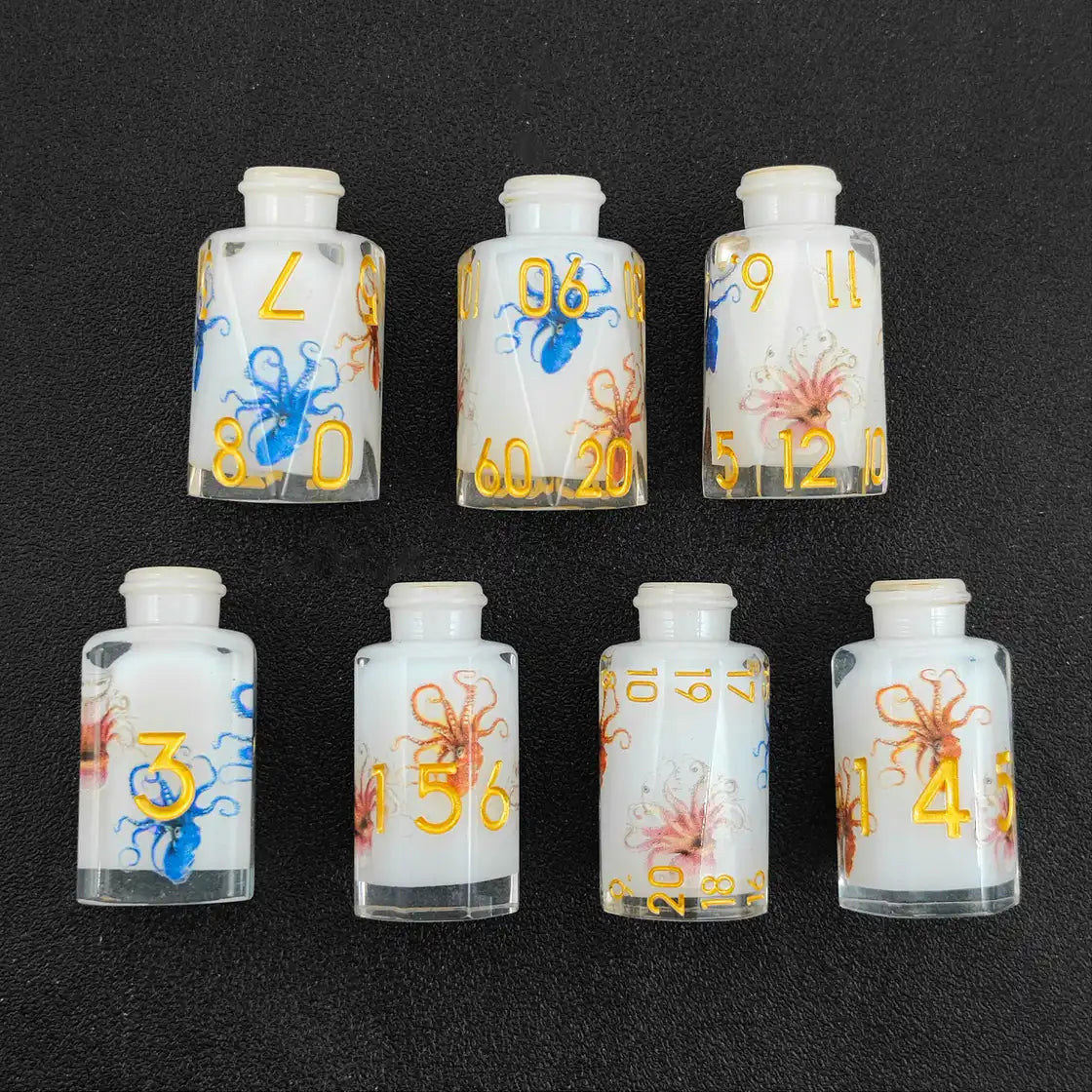 Dragonbrew Potion Bottle Dice Set – Sharp Edge Resin DnD Dice with Dragon Artwork (D4 D6 D8 D10 D12 D20)