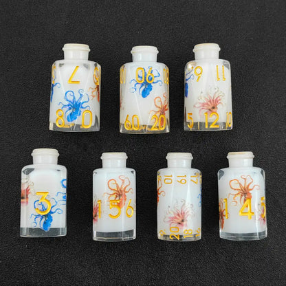 Dragonbrew Potion Bottle Dice Set – Sharp Edge Resin DnD Dice with Dragon Artwork (D4 D6 D8 D10 D12 D20)