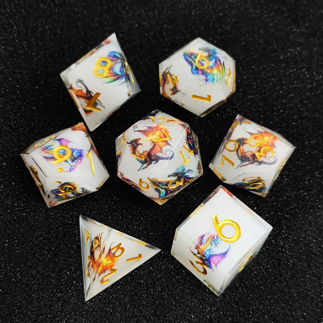 Sharp Edge Resin Dice Set – Dragon Engraved Polyhedral Dice for DnD (D4 D6 D8 D10 D12 D20)