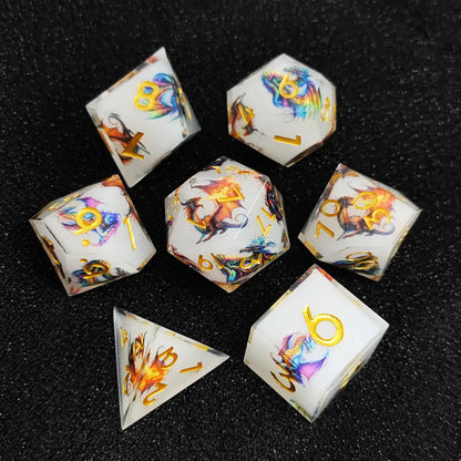 Sharp Edge Resin Dice Set – Dragon Engraved Polyhedral Dice for DnD (D4 D6 D8 D10 D12 D20)