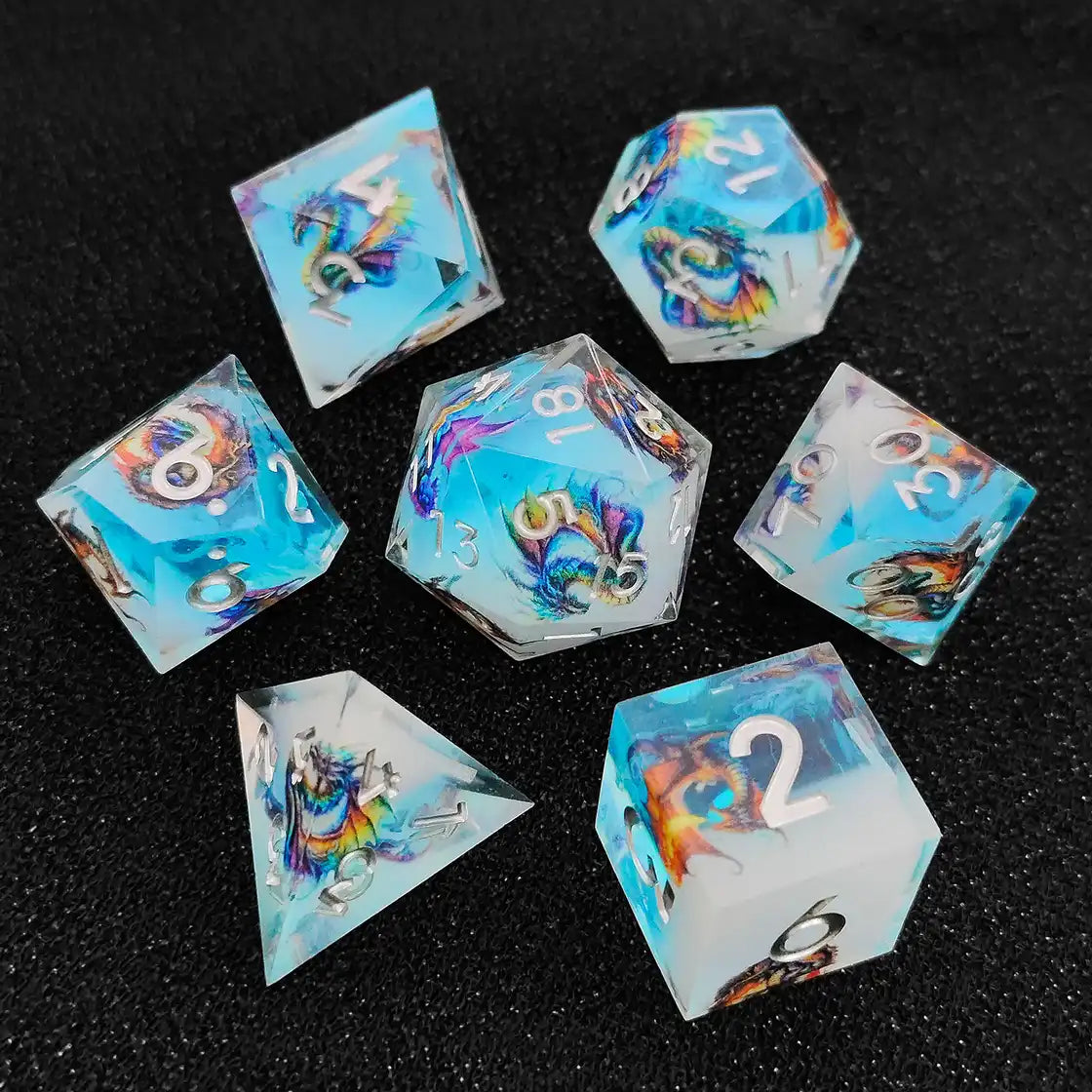 Sharp Edge Resin Dice Set – Dragon Engraved Polyhedral Dice for DnD (D4 D6 D8 D10 D12 D20)