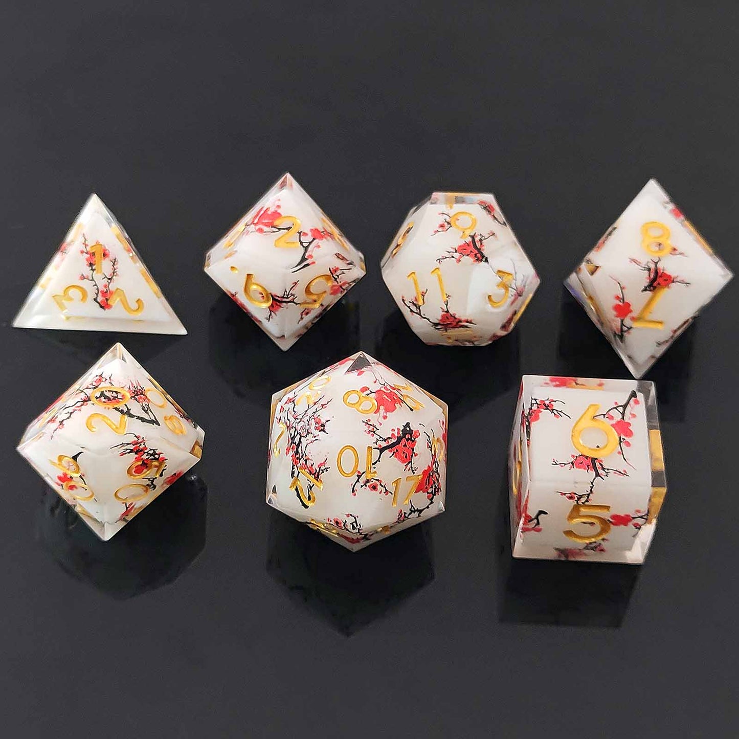 Blossom Resonance Resin White Dice Set - Plum Blossom DnD Dice Set