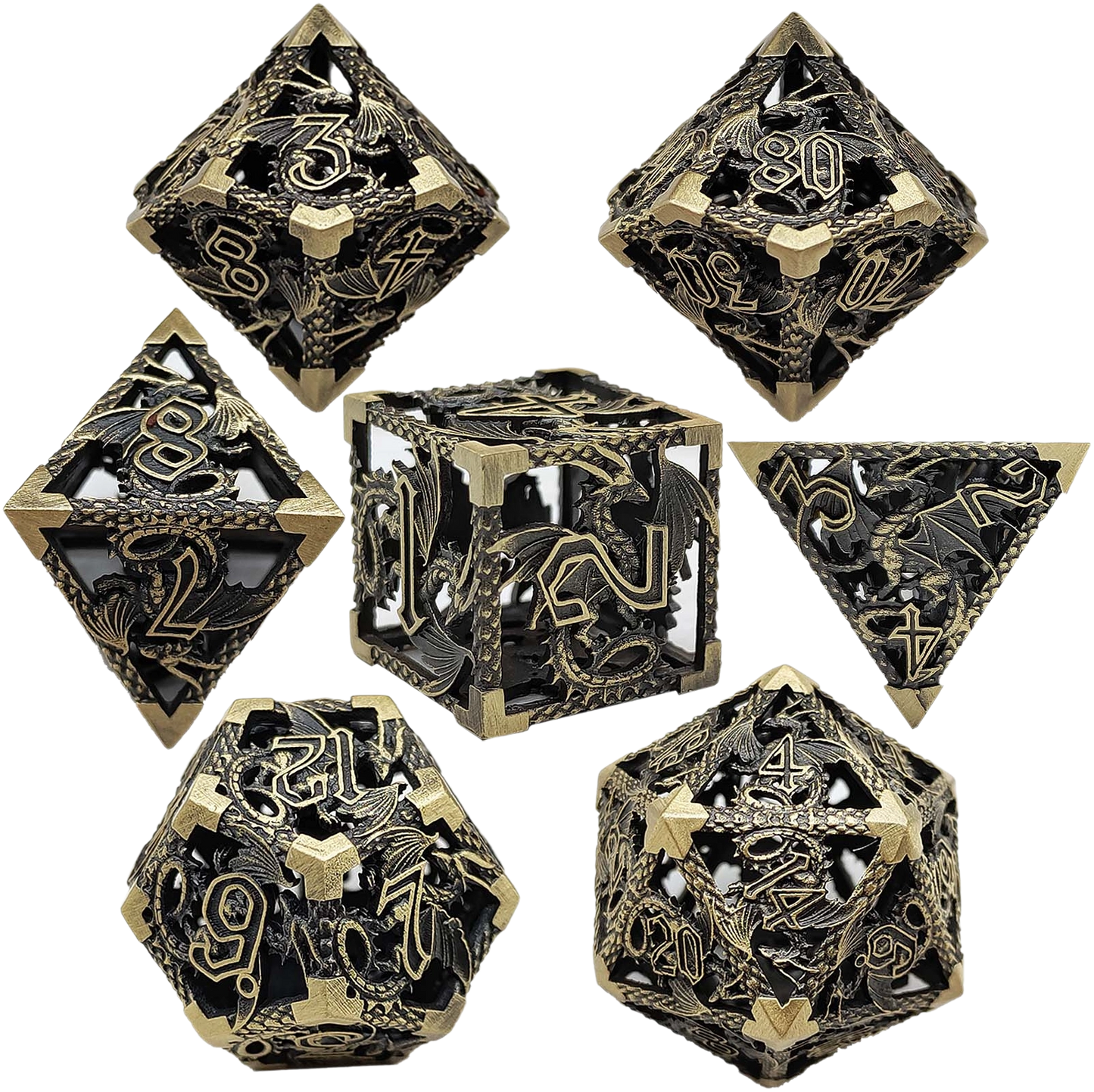 Gilded Nightshade Hollow Metal DND Dice Set - Brass Yellow Black