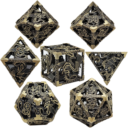 Gilded Nightshade Hollow Metal DND Dice Set - Brass Yellow Black