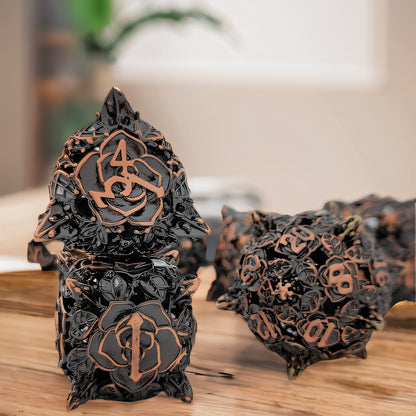 Twilight Bloom Rounded Edge Dragon Dice Hollow Metal DND Dice Set Smooth Edged Dice Elven Dice - Black Bronze