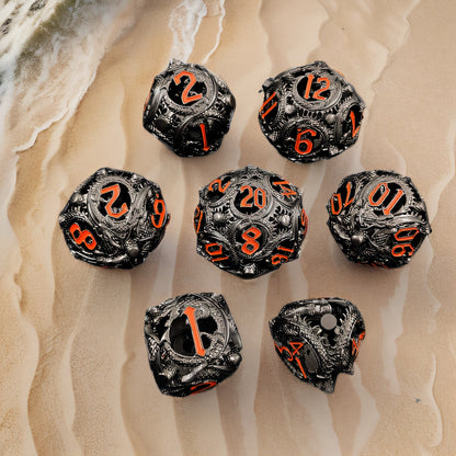 Ember Wyvern Spheroids Rounded Edge Dragon Dice Hollow Metal DND Dice Set Smooth Edged Dice Elven Dice - Black