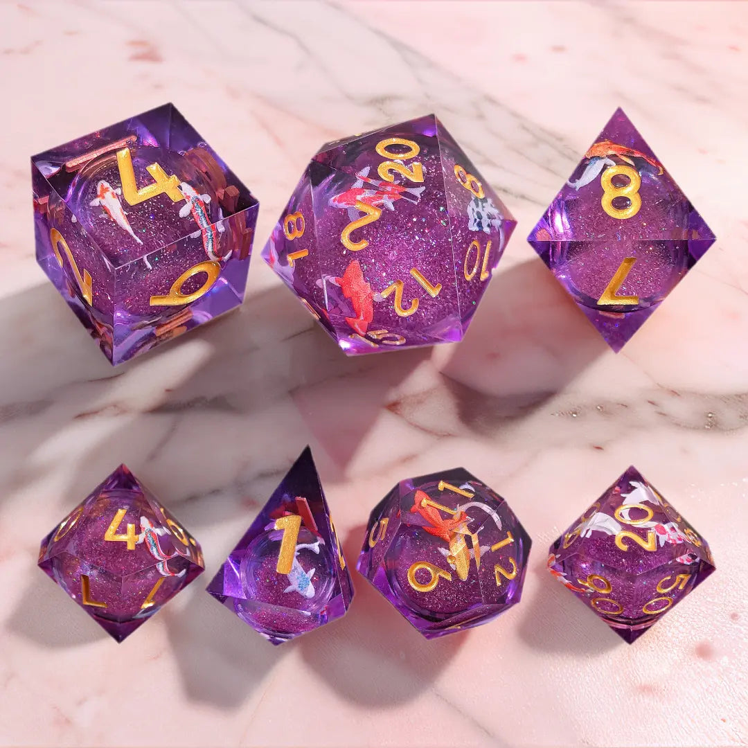 Enchanted Koi Amethyst Sand Sharp-Edged Resin Dice Liquid Core Dice-Fish Core Dice